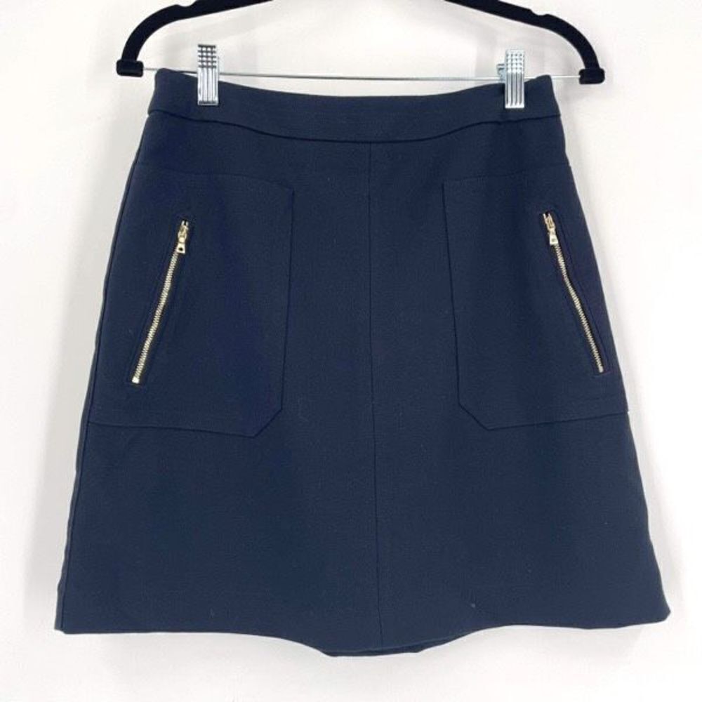 LOFT Women's Fully Lined Gold Zipper Front Pockets A-Line Skirt Navy Blue Size 2